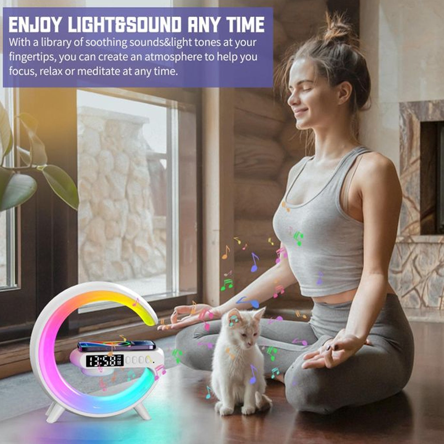 Smart Alarm Clock With G-shape Rgb Light Bluetooth Speaker Wireless Charging (1 Pc)