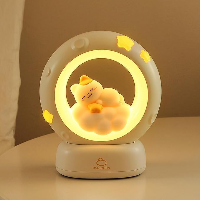 Silicone Cat Moon LED Night Lamp with 3 Brightness Modes & Touch Control, Rechargeable Kitty Lamp for Kids & Baby Bedroom Décor