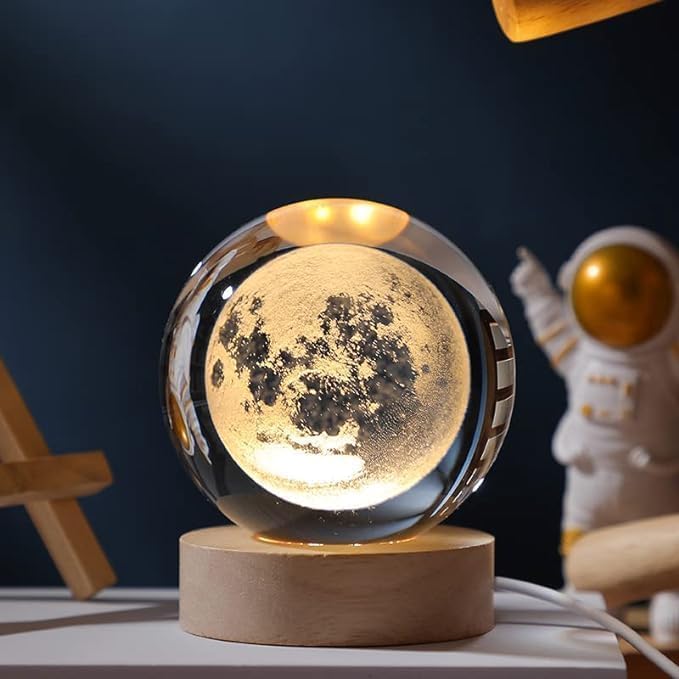 3D Crystal Moon Lamp, Creative Engraved Crystal Ball Night Light, USB Table LED Wooden Crystal Lamp for Home Office Decoration Birthday Gift Adults (Warm White)