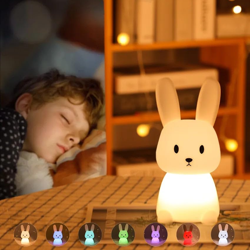 Silicone Cute Bunny Night Light for Kids | LED Rabbit Lamp with 7 Color-Changing Modes | USB Rechargeable, Soft Silicone | Perfect for Baby Nursery, Birthday & Christmas Gifts