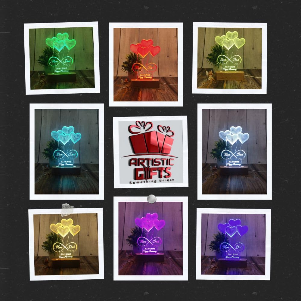 Artistic Gifts 3D Illusion Personalized LED Lamp for Couples Marriage Anniversary| Customized Anniversary Love Couple Gifts Valentine Day Special Wedding Gift for Wife, Husband, Parents, Friend. Multipurpose