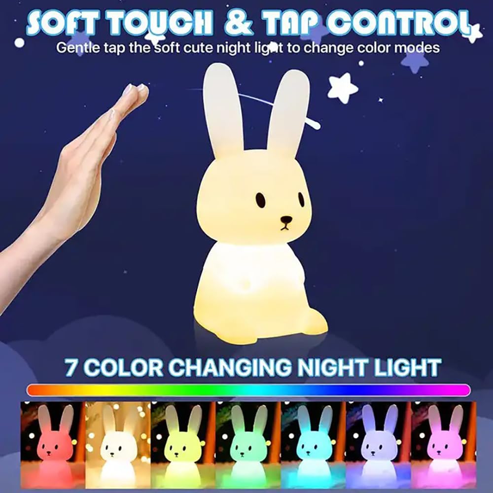 Silicone Cute Bunny Night Light for Kids | LED Rabbit Lamp with 7 Color-Changing Modes | USB Rechargeable, Soft Silicone | Perfect for Baby Nursery, Birthday & Christmas Gifts