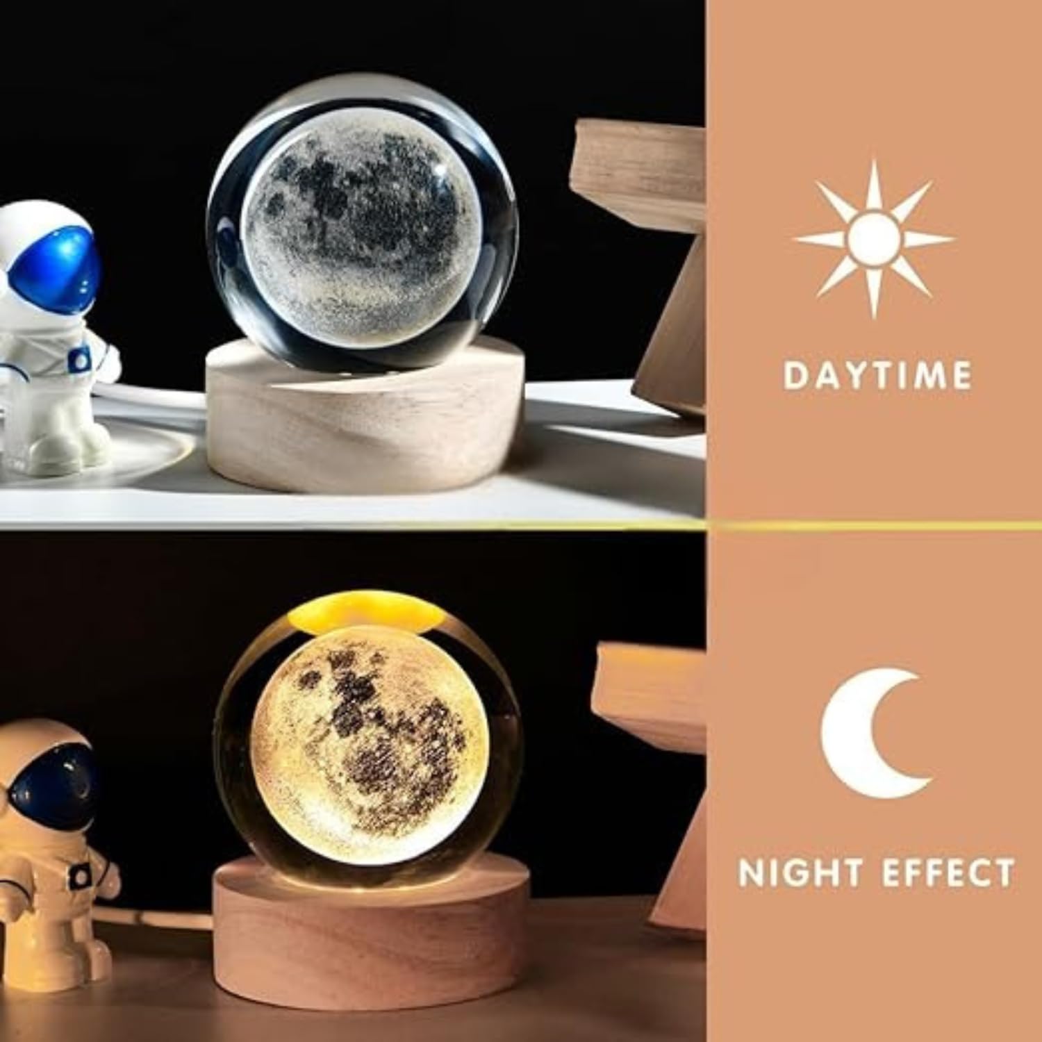 3D Crystal Moon Lamp, Creative Engraved Crystal Ball Night Light, USB Table LED Wooden Crystal Lamp for Home Office Decoration Birthday Gift Adults (Warm White)