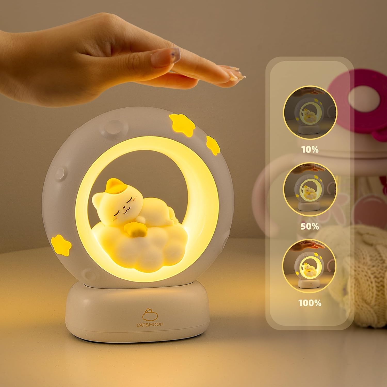 Silicone Cat Moon LED Night Lamp with 3 Brightness Modes & Touch Control, Rechargeable Kitty Lamp for Kids & Baby Bedroom Décor