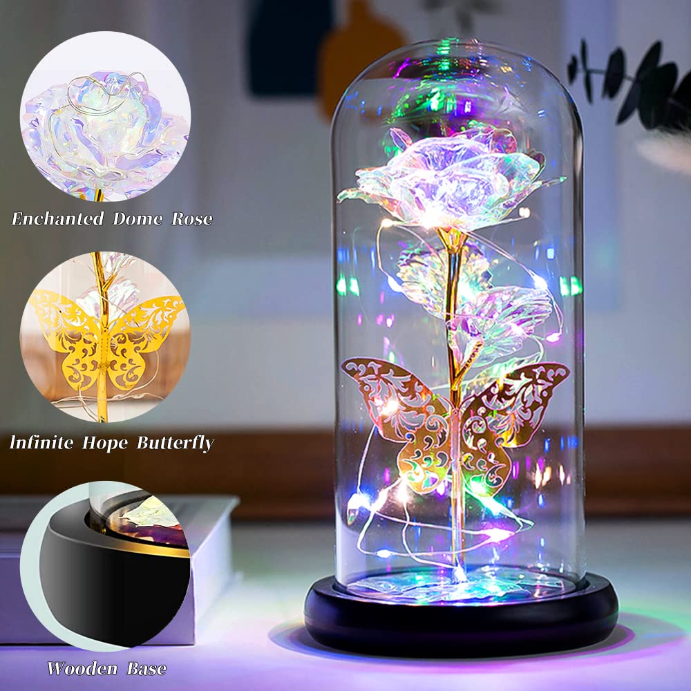 Forever Plastic Rose Gift For Her, Galaxy Glass Rose Flower And Butterfly With Led Light Great Gift Ideas For Valentine's Day, Mother's Day, Birthday, Anniversary, Engagement