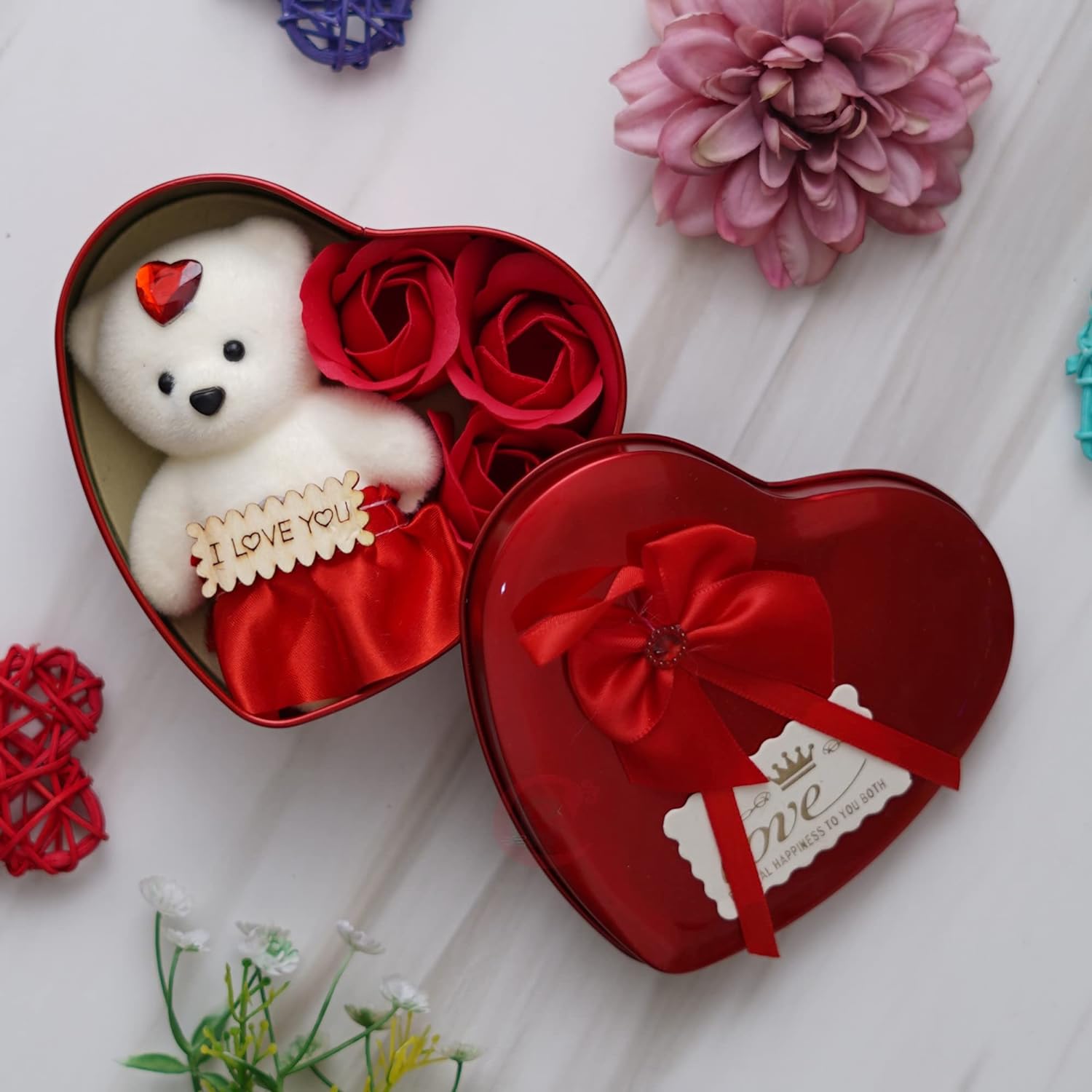 Heart Shaped Valentines Day Gift Box with I Love You Message Teddy Bear 3 Red Roses| Valentine Gift for Girlfriend Boyfriend Husband Wife|Valentine Day Gifts|Valentine Day Decoration Items