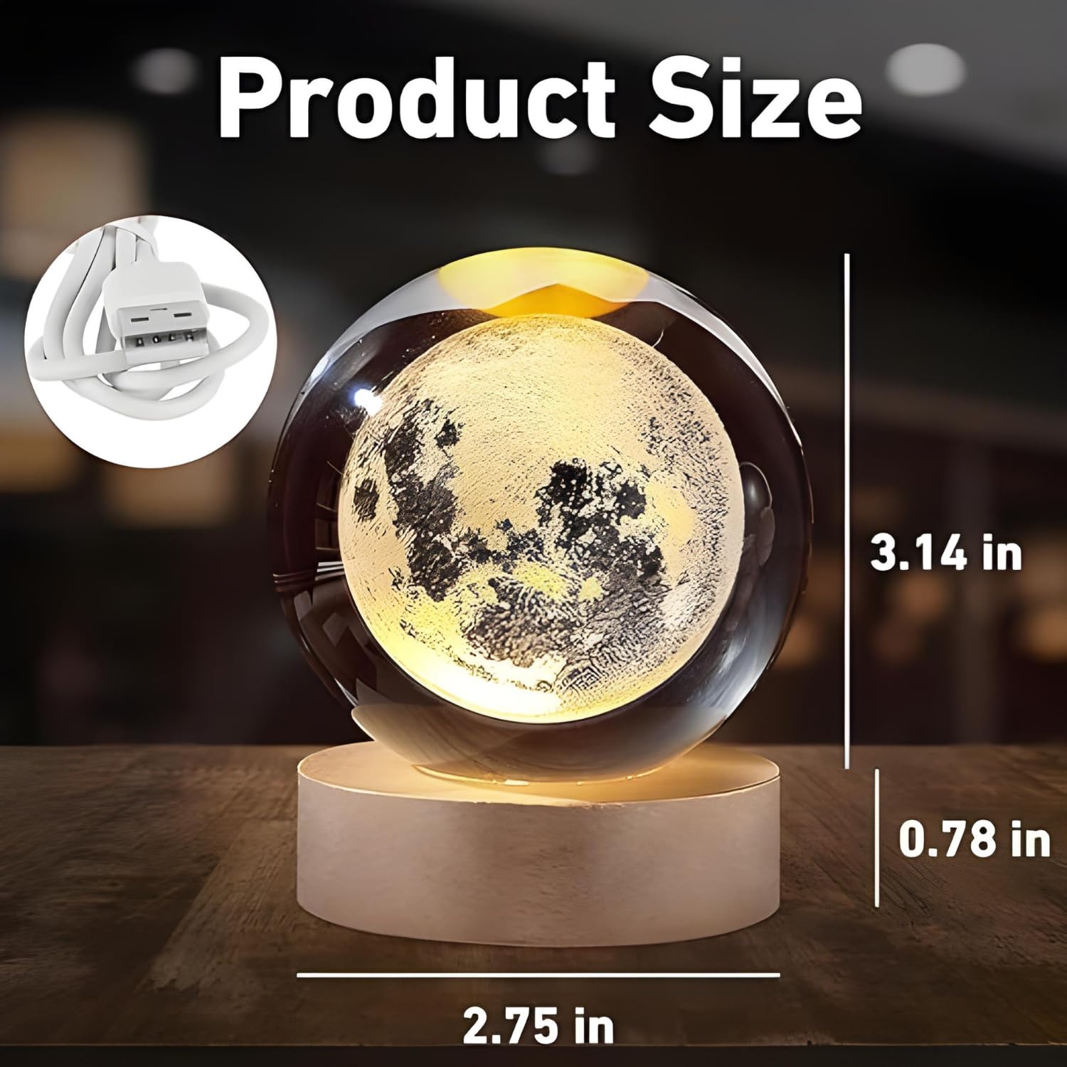 3D Crystal Moon Lamp, Creative Engraved Crystal Ball Night Light, USB Table LED Wooden Crystal Lamp for Home Office Decoration Birthday Gift Adults (Warm White)