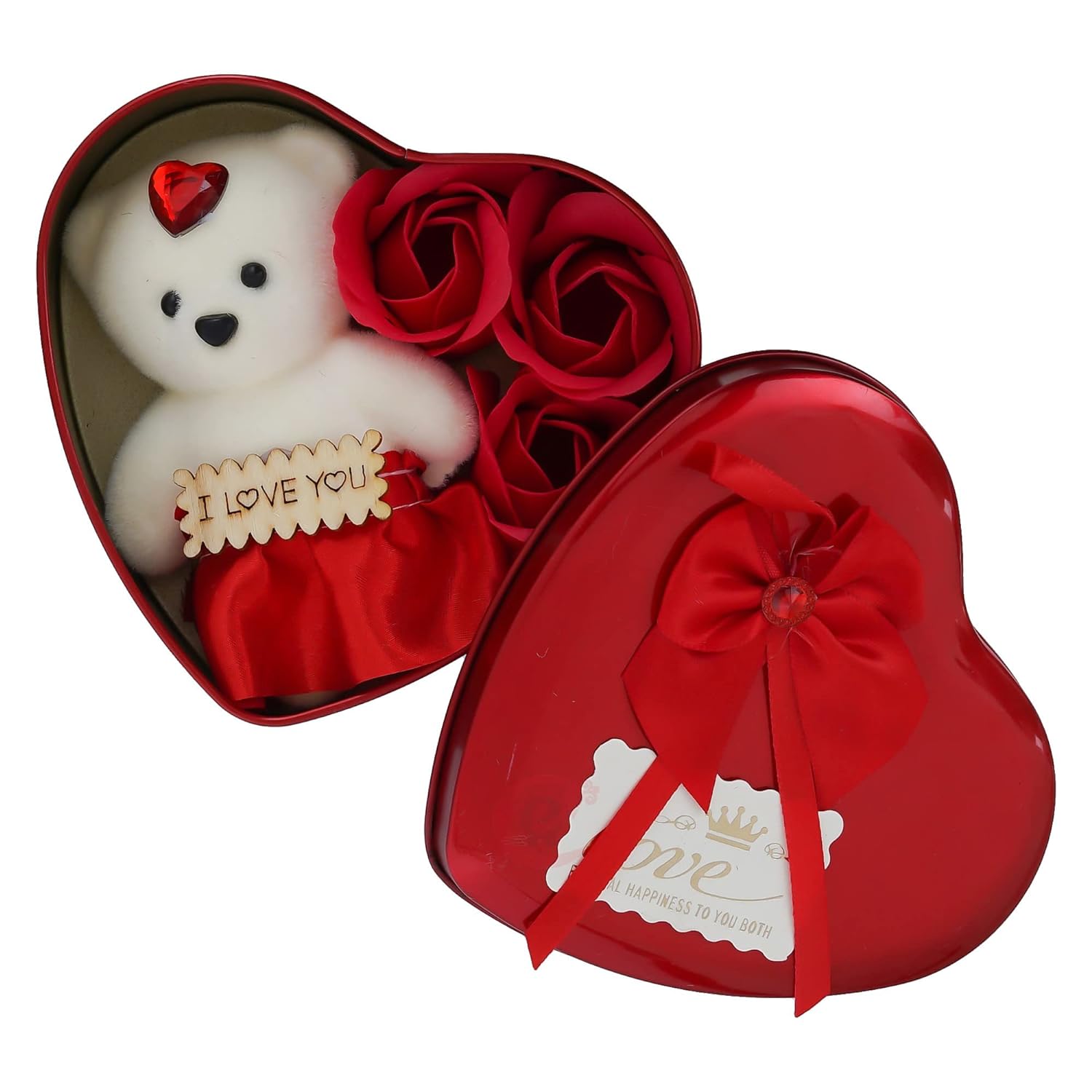 Heart Shaped Valentines Day Gift Box with I Love You Message Teddy Bear 3 Red Roses| Valentine Gift for Girlfriend Boyfriend Husband Wife|Valentine Day Gifts|Valentine Day Decoration Items