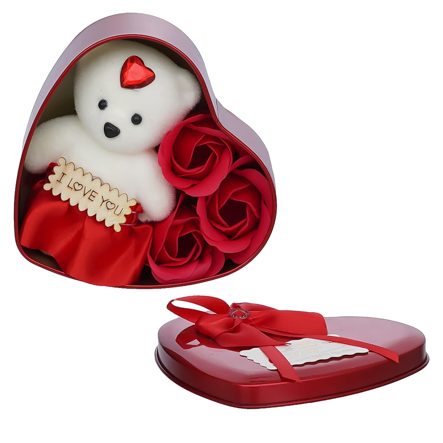 Heart Shaped Valentines Day Gift Box with I Love You Message Teddy Bear 3 Red Roses| Valentine Gift for Girlfriend Boyfriend Husband Wife|Valentine Day Gifts|Valentine Day Decoration Items