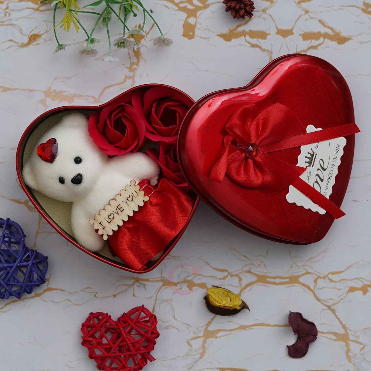 Heart Shaped Valentines Day Gift Box with I Love You Message Teddy Bear 3 Red Roses| Valentine Gift for Girlfriend Boyfriend Husband Wife|Valentine Day Gifts|Valentine Day Decoration Items